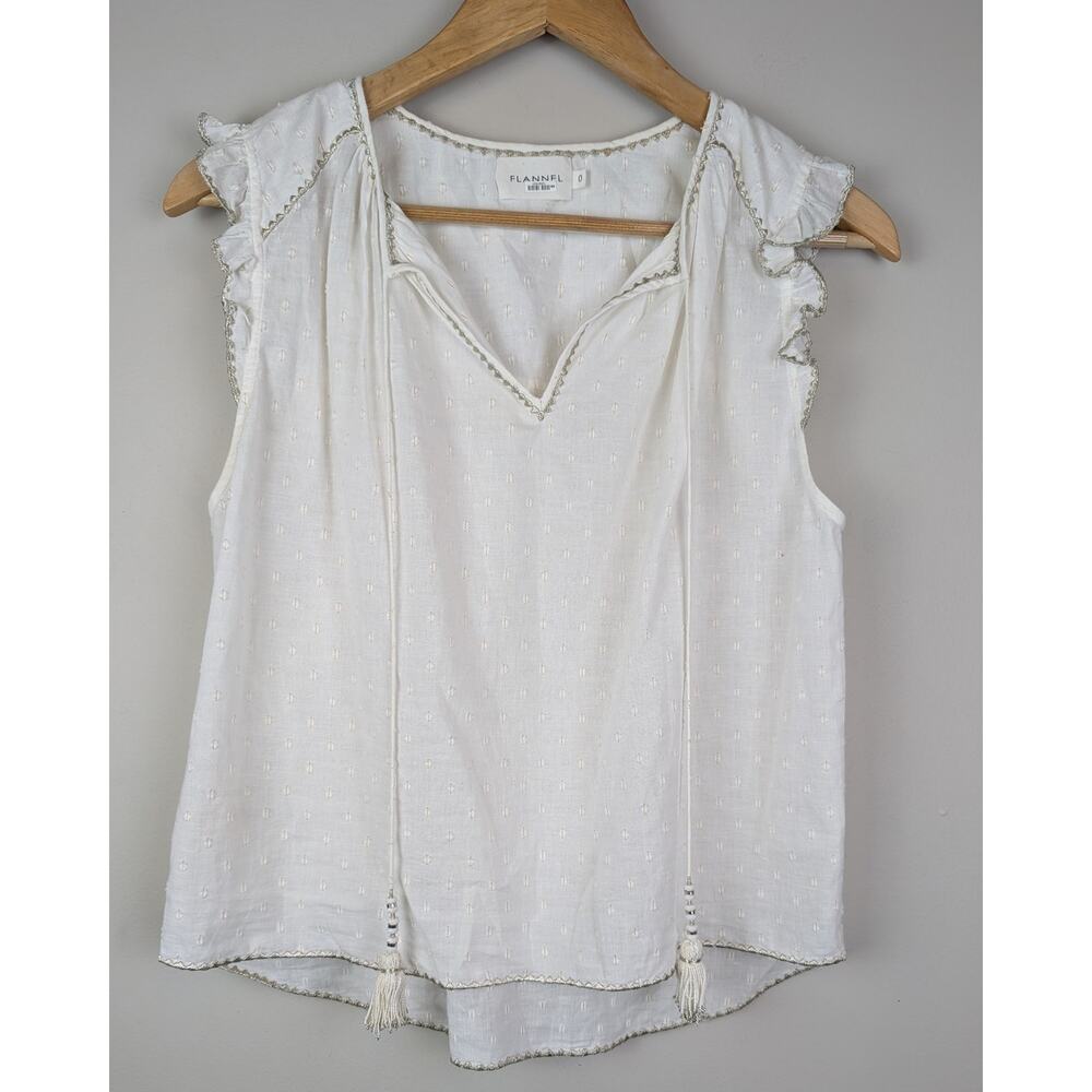 FLANNEL America Ruffle Sleeve Blouse w/Metallic Trim White 0